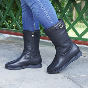 潘暇真皮加绒中筒靴冬季保暖防滑软底马丁靴侧拉链大码女鞋41-43
