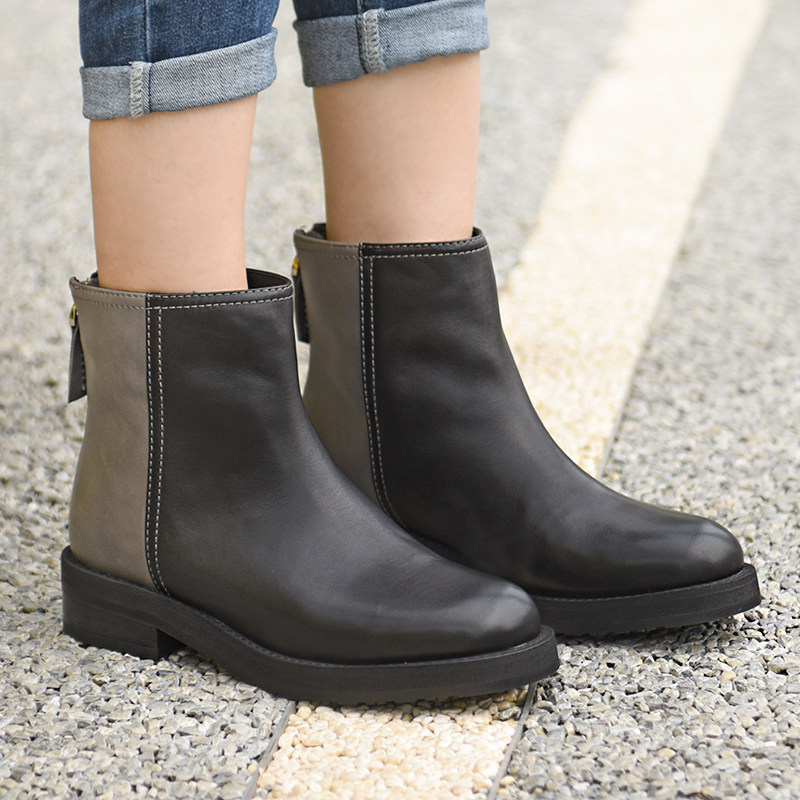 潘暇新款短靴厚底中跟女靴子后拉链马丁靴 真皮时尚大码女鞋41-43,女鞋,马丁靴,淘宝优惠券,粉丝福利购,淘宝优惠卷