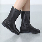 潘暇真皮中筒靴女平底秋冬加绒软底软皮舒适大筒围大码 女鞋