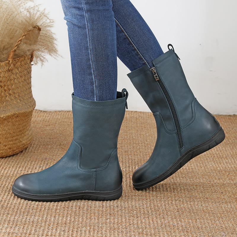 潘暇真皮厚底侧拉链中筒靴