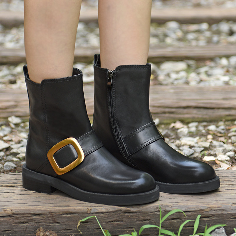 潘暇冬季中筒靴女加绒厚底马丁靴侧拉链靴子 真皮大码女鞋41-43靴,女鞋,马丁靴,淘宝优惠券,粉丝福利购,淘宝优惠卷