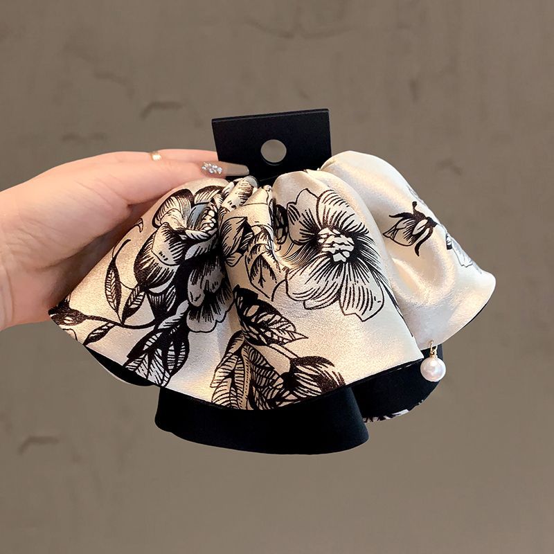 新款头饰国风水墨印花缎面珍珠马尾夹高颜值温婉气质轻奢抓夹发夹