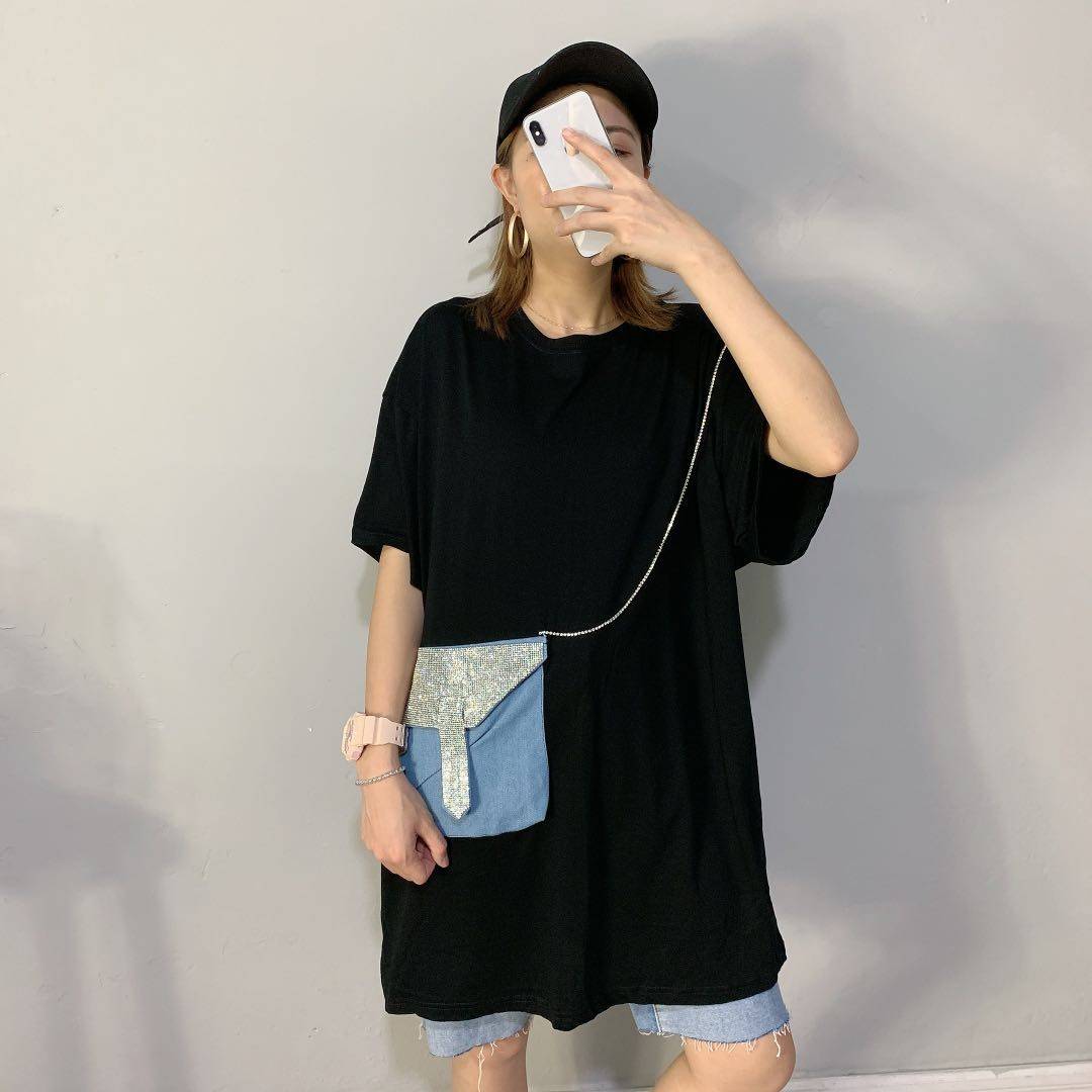 夏季潮牌大阪欧货重工满砖链条牛仔包包拼接纯棉T恤女中长款上衣|ruв категории Женская одежда, футболка - от Buy2taobao.com для оказания профессиональной услуги покупки агента Taobao