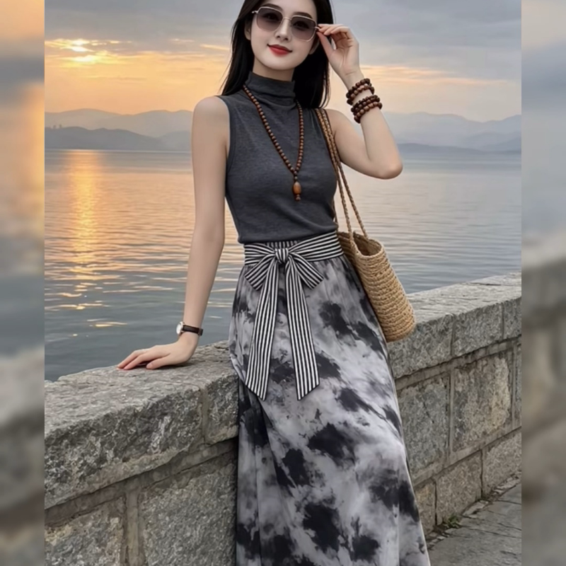 女神范高端修身无袖高领打底衫印花半身裙2026秋季新品精致两件套