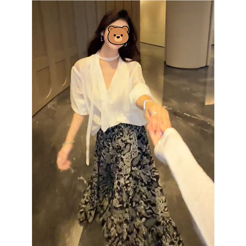 韩系温柔风V领衬衫复古设计感印花半身裙女秋季新品百搭两件套装