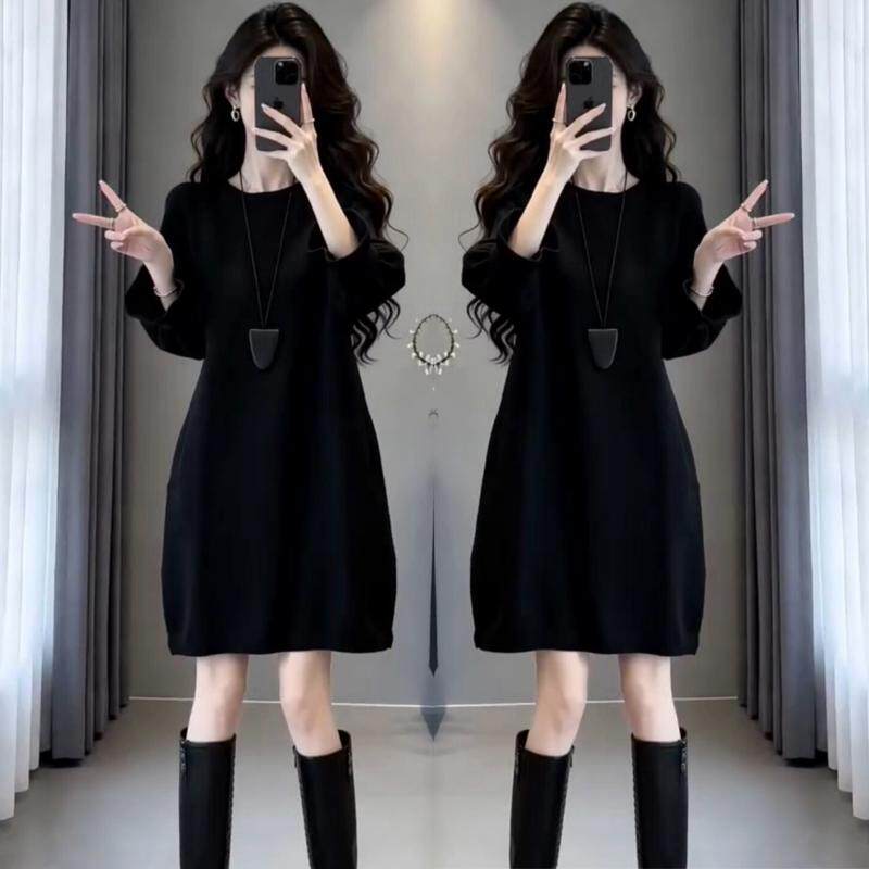 时尚休闲复古长袖连衣裙女2026春秋新品时髦显瘦百搭减龄中长裙子