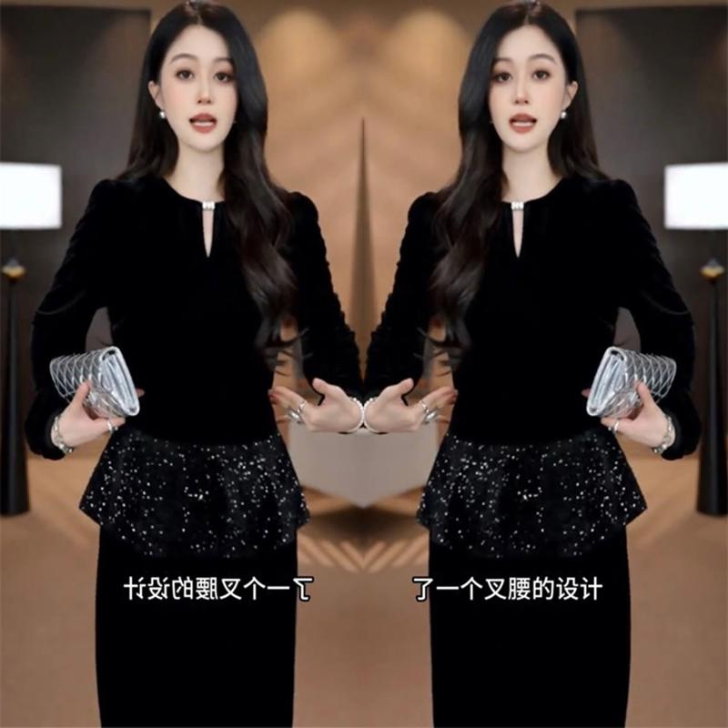 2026秋季网红新品名媛丝绒套装裙女法式重工亮片显瘦上衣+半身裙