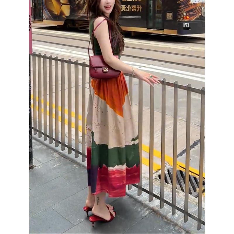 小个子显高两件套女2026简约修身无袖上衣印花垂坠气质中长裙套装