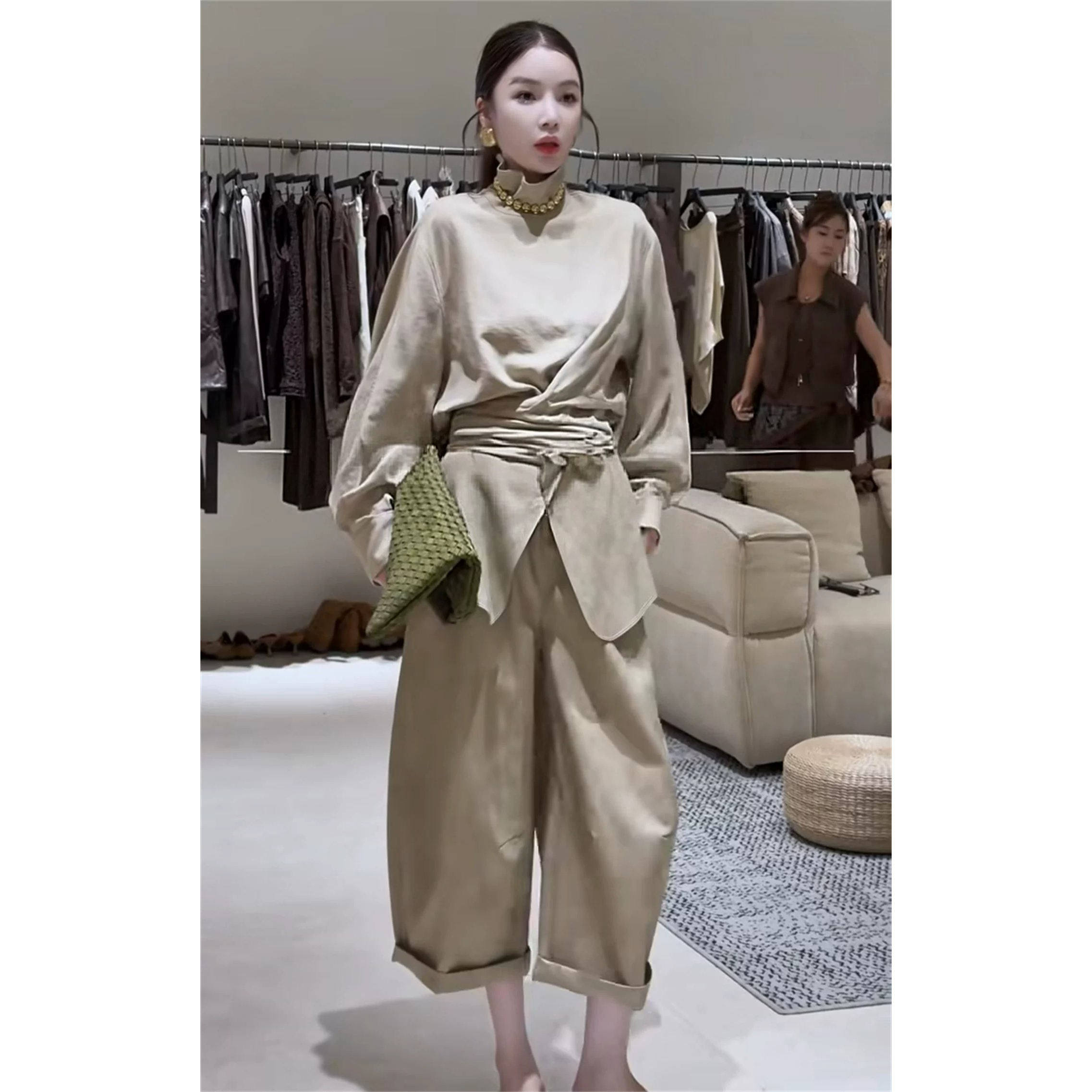 慵懒风气质时尚套装女2026秋季系带立领衬衫收腰九分阔腿裤两件套
