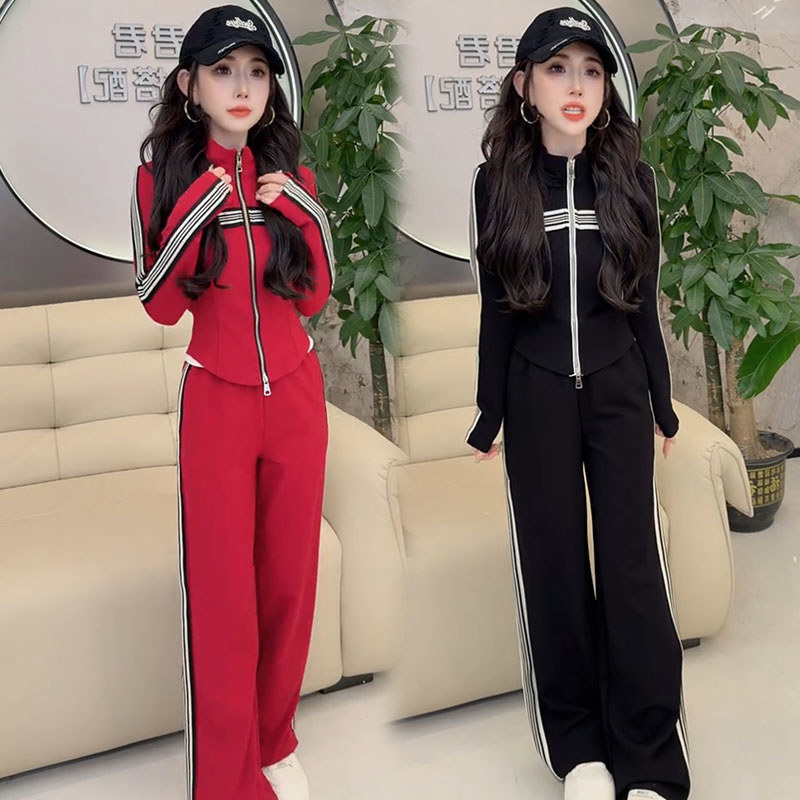 2026春秋新品休闲运动服套装女洋气显瘦拼接条纹卫衣阔腿裤两件套