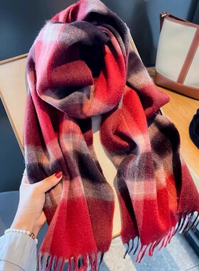 英国红色格子100%澳洲纯羊毛加厚情侣围巾冬男女保暖围脖披肩外搭