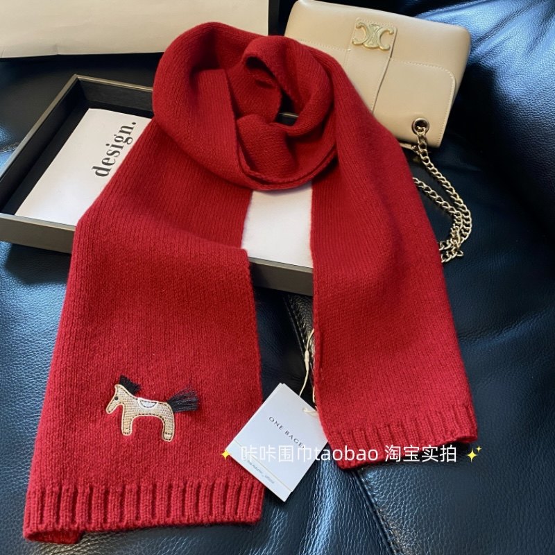 小马刺绣100%羊毛针织围巾女本命年新年红色秋冬加厚保暖学生围脖