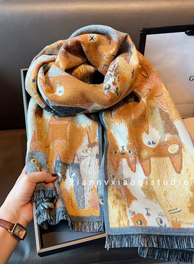 品质油画风黄色猫咪动物围巾女冬加厚仿羊绒披肩加厚保暖护颈围脖