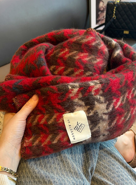 韩国单红色围巾女冬季格子百搭保暖高级感潮新年礼物圣诞围脖披肩