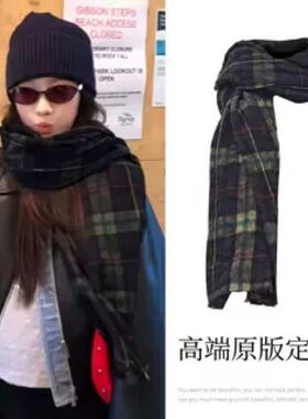 韩国东大门蓝绿色复古格子围巾男女秋冬保暖围脖丝巾长款披肩两用
