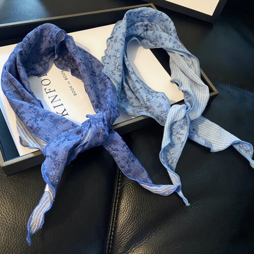 蓝色田园风碎花棉麻三角巾女薄款