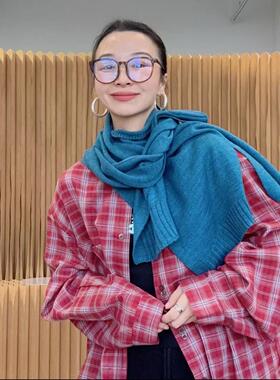 韩国蓝色羊毛针织保暖百搭外搭空调房衬衫披肩女装饰坎肩搭肩围脖