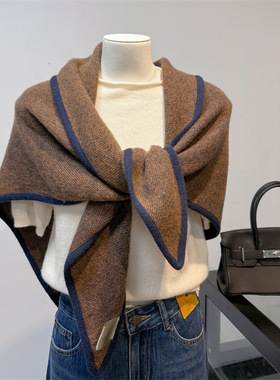 高档100%美丽诺羊毛三角加厚围巾外搭针织披肩女秋冬保暖护颈围脖