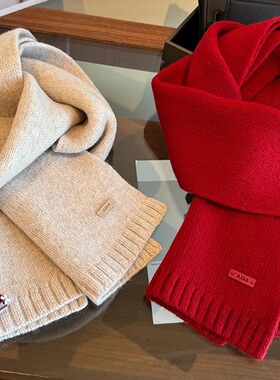 高定~100%澳洲纯羊毛红色围巾女学生加厚百搭情侣冬保暖针织围脖