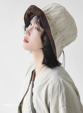 高品质双面戴盆帽日系盆帽灯芯绒抽绳渔夫帽女大头围休闲出游百搭