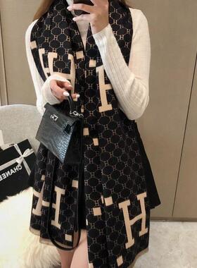 黑色H气质双面仿羊绒围巾女秋冬季韩版百搭披肩外搭两用加厚保暖