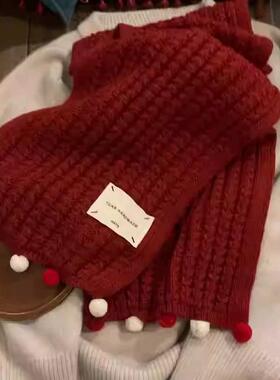 红色围巾女冬季学院风针织羊毛可爱毛球保暖圣诞节礼物围脖