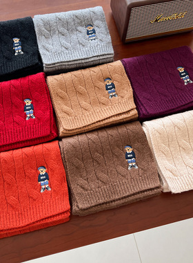 刺绣小熊100%澳洲纯羊毛针织围巾女冬季情侣男款保暖围脖送礼礼物