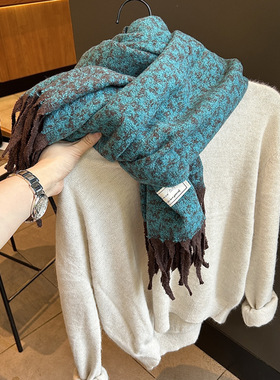 高级显白松石绿色豹纹仿羊绒围巾女冬季韩版百搭保暖加厚学生围脖