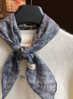高级格雷灰双面玫瑰花千鸟格纯棉围巾小方巾百搭包头巾三角巾丝巾