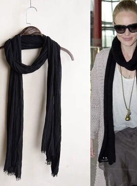 黑色护颈棉麻围巾男女细长窄围脖春秋百搭长条薄款褶皱亚麻丝巾夏