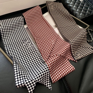 法式复古红色棋盘格纹细长条丝巾女高级感时尚ol领巾发带腰带搭配