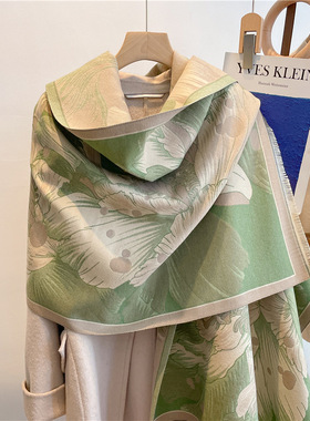 新丹青海棠双面加长加厚仿羊绒围巾女冬季韩版百搭两用保暖大披肩