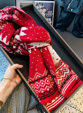 含羊毛！冬季圣诞节新年红色针织毛线围巾女学生百搭加厚保暖围脖