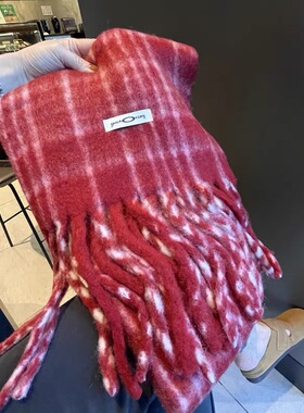 韩国订纺纱20羊毛马海毛红色格子围巾女冬季学生保暖围脖加厚披肩