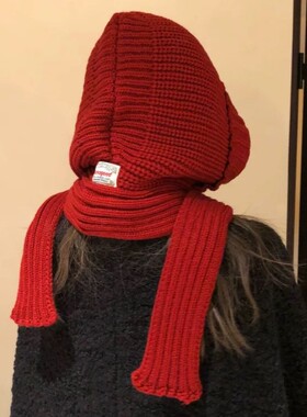 韩国订单红色巴拉克拉法帽显脸小保暖含羊毛针织毛线围巾帽一体女