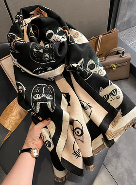 韩版黑色小猫咪秋冬季女百搭仿羊绒围巾披肩两用双面保暖围脖学生