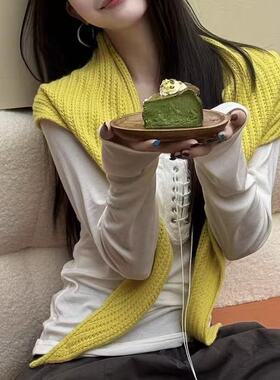 黄色100%全羊毛镂空针织三角围巾秋冬外搭保暖护颈围脖百搭大披肩