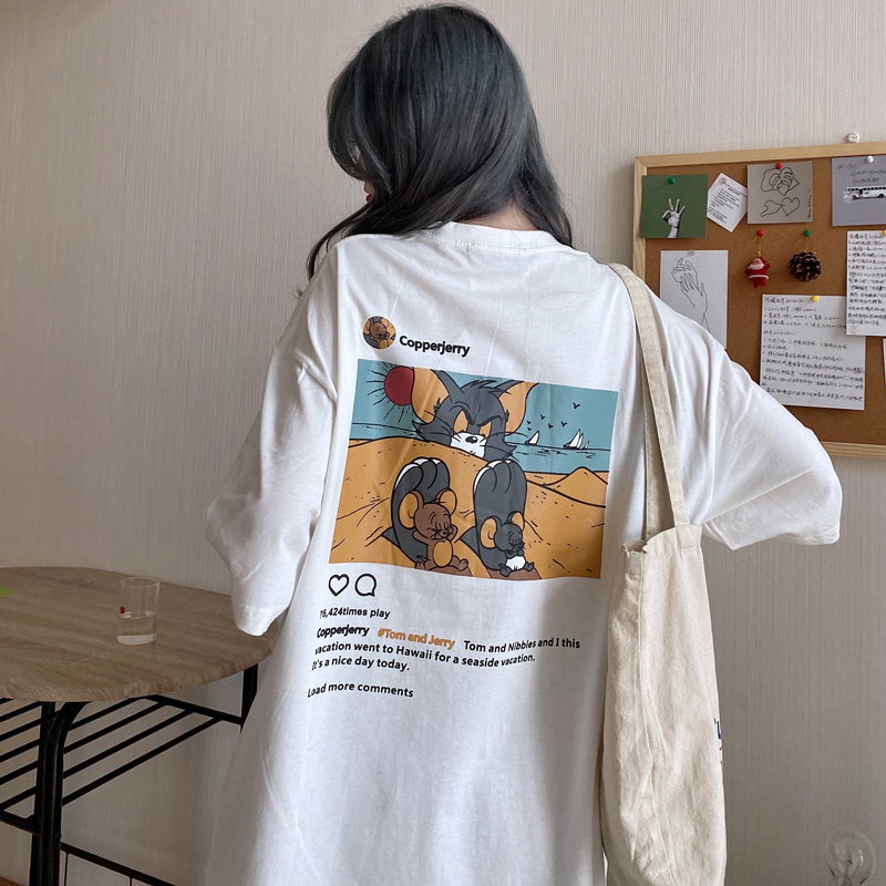 Milk silk screen red cat and mouse short sleeve T-shirt women's super hot Korean version loose Harajuku port style