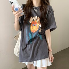 Short sleeve women's summer Retro Mid long Korean loose design large size versatile top student trend