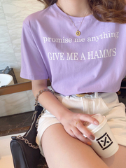 Milk silk short sleeve T-shirt schoolgirl net red letter Korean loose purple medium long women's summer