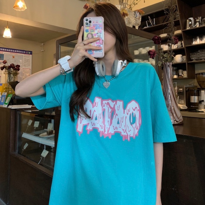 Cotton short sleeve T-shirt women's Korean loose Hong Kong style chic net red large medium long letter fashion student's top summer