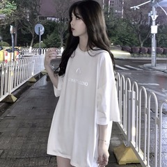 Cotton short sleeve t-shirt female spring and summer harbor style super fire reflective loose large Korean fashion student middle and long clothes