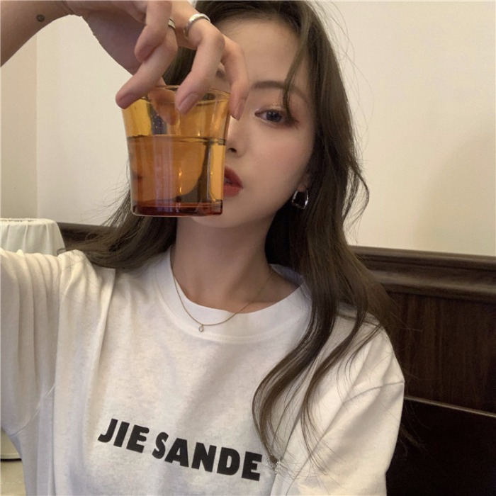 Cotton short sleeve T-shirt for female students, Korean version ins fashionable, loose and versatile, simple letter medium long large size base coat