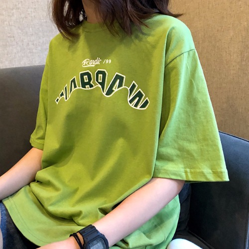 Cotton short sleeve t-shirt female summer Matcha green Korean loose academic chic retro medium long large T-shirt