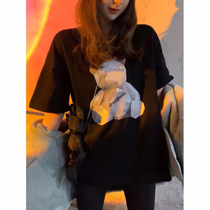 Cotton short sleeve t-shirt female Korean Fashion College wind net red large loose medium length lazy wind top summer