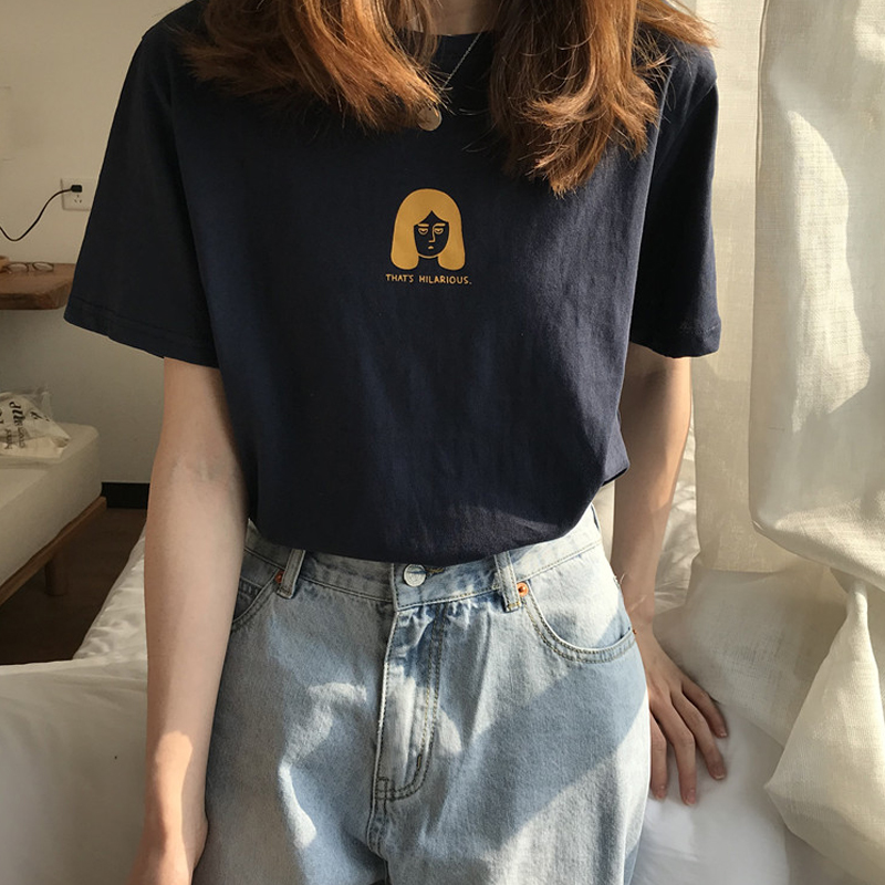 Girls' sense of Hong Kong Style ins short sleeve T-shirt women's large early spring top chic lazy style loose foreign style