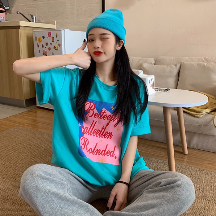 Cotton short sleeve t-shirt female Korean fashion student loose medium length big version girl's feeling minority coat summer