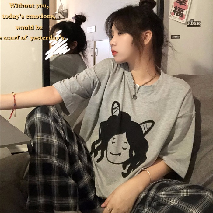 Cotton short sleeve T-shirt strange taste girl personality top Korean loose medium length BF net red lazy fashion students