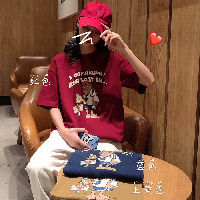 實拍短袖t恤女寬鬆港味酒紅色上衣春季韓版個性內搭打底衫潮ins夏
