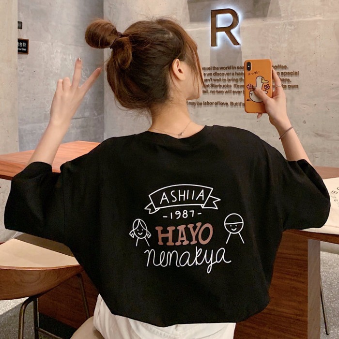 Short sleeve t-shirt female Korean version of Hong Kong style original suzerain relaxed students super fire mourning Department mid length fashion